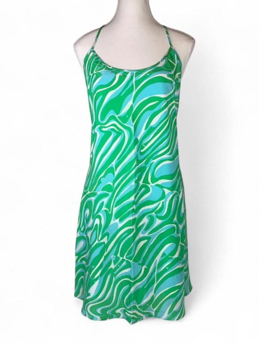 Lilly Pulitzer Green & Blue Silk Summer Dress - Adjustable Straps, Size L
